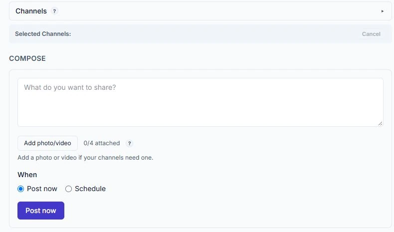 Actual RodyWorks Hub composer with caption, media attachment, and scheduling controls